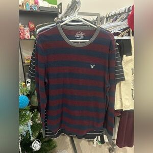 American Eagle Outfitters Men's Striped Long Sleeve Shirt - Burgundy and Navy